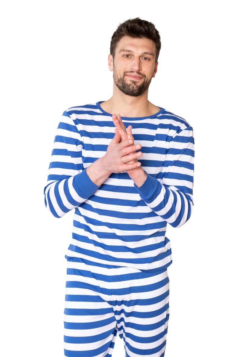 Men's Cotton Striped Matching Family Holiday Pajamas, Alternate, color, Blue & White