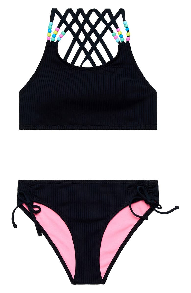 Beach Lingo Kids' Beaded Strappy Two-Piece Swimsuit, Main, color, Black