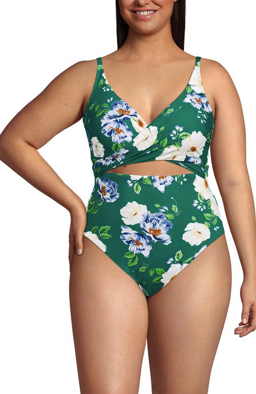 Lands' End Wrap Monokini High Leg One Piece Swimsuit In Island Emerald Petunia Floral