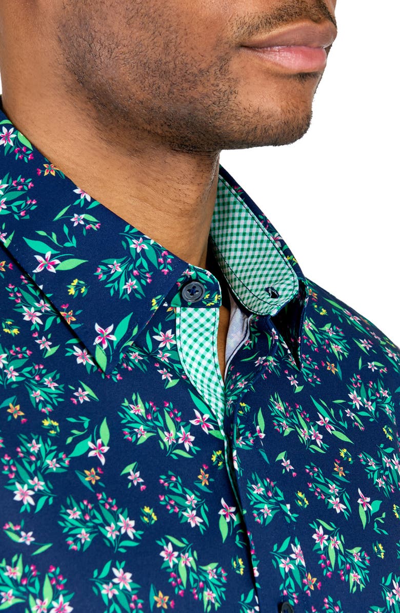 CONSTRUCT Slim Fit Lily Bouquet Recycled 4-Way Stretch Performance Long Sleeve Shirt, Alternate, color, Navy/Green