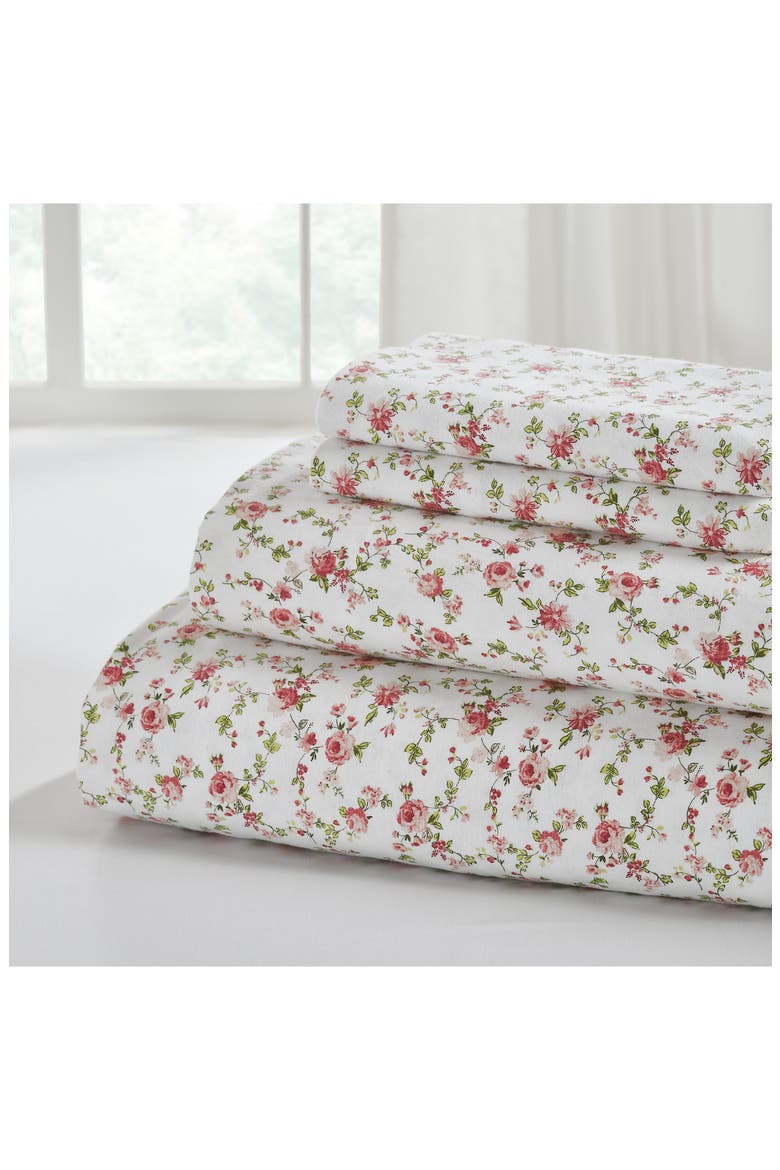 Cotton Flannel Sheet Set, Main, color, WHITE/ PINK
