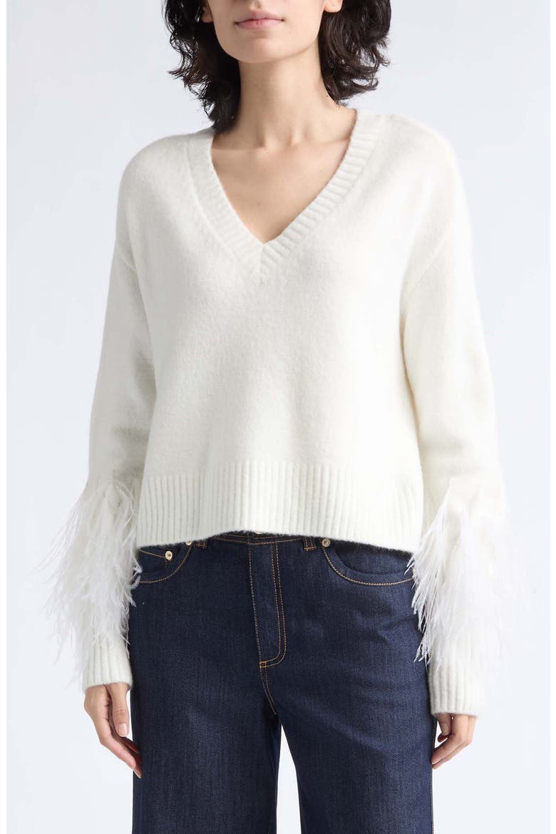 Brianne Ostrich Feather Cuff V-Neck Sweater, Main, color, IVORY