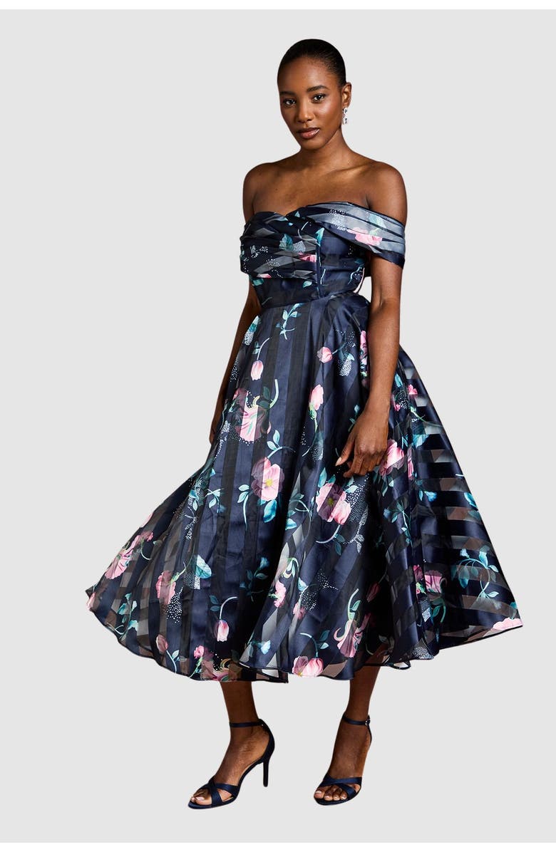 Coast Stripe Organza Pleat Top Midi Dress, Main, color, Navy