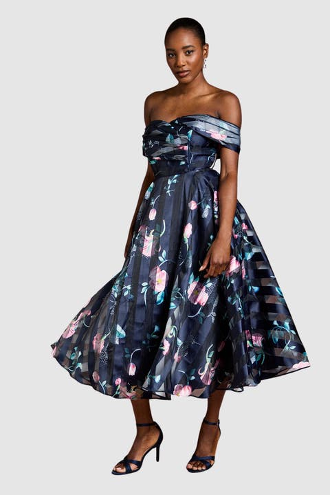 Stripe Organza Pleat Top Midi Dress