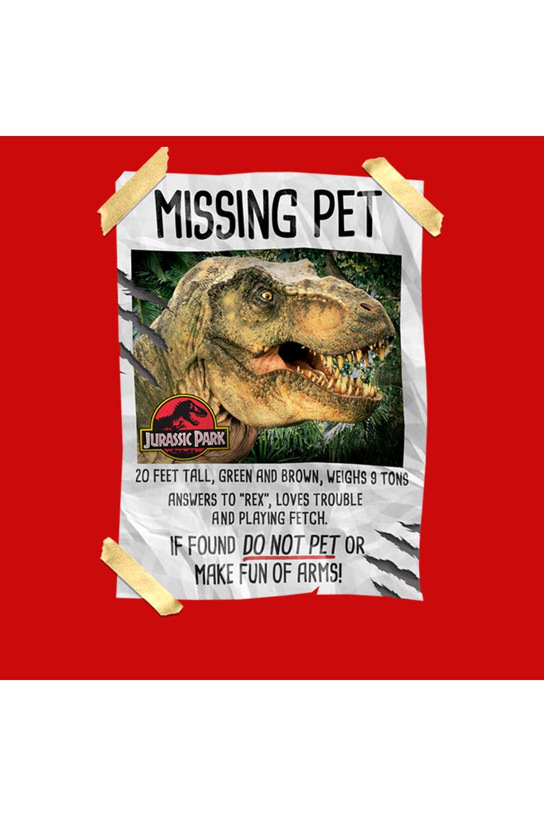 Boy's Jurassic Park T. Rex Missing Pet Graphic Tee, Alternate, color, Red