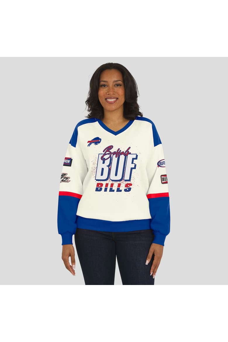 Women's WEAR by Erin Andrews  Cream Buffalo Bills Racing Crew V-Neck Sweatshirt, Alternate, color, Cream