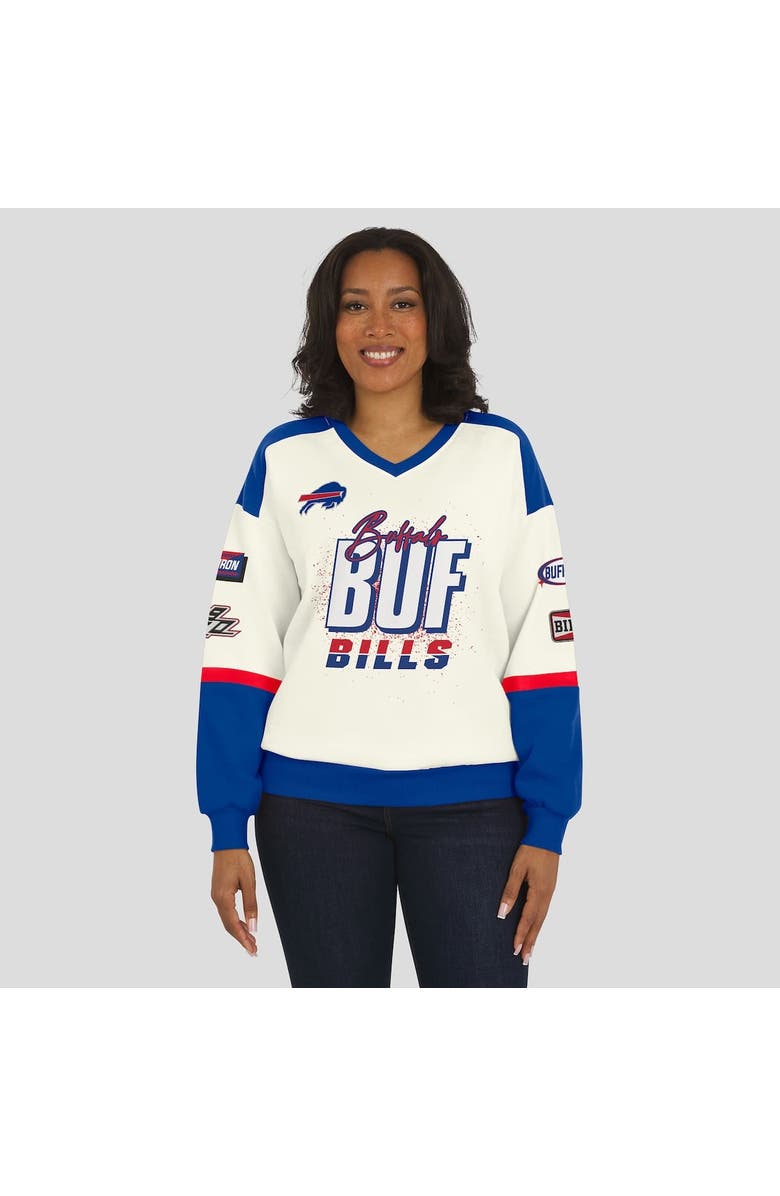 WEAR by Erin Andrews Women's WEAR by Erin Andrews  Cream Buffalo Bills Racing Crew V-Neck Sweatshirt, Alternate, color, Cream