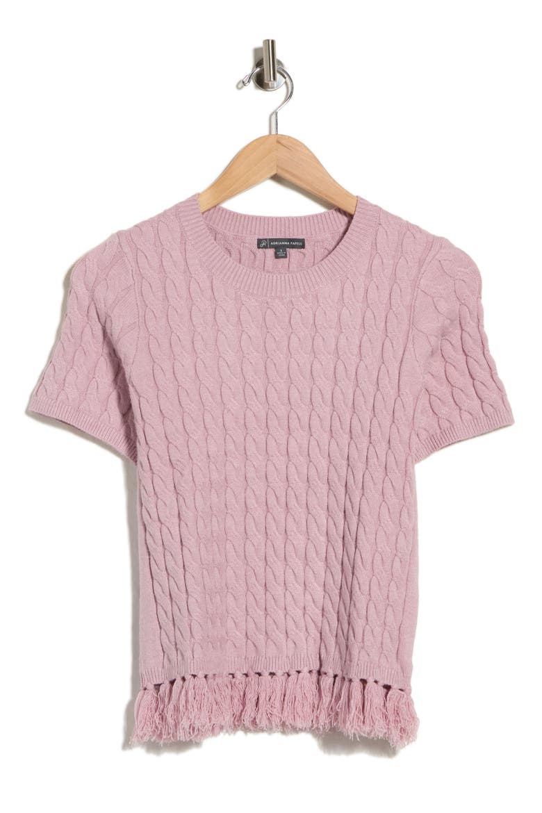 Cable Short Sleeve Fringe Hem Sweater, Main, color, LIGHT MAUVE