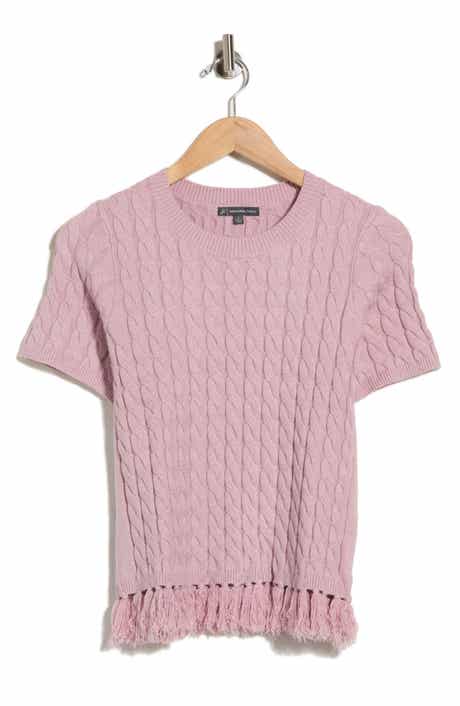 Cable Short Sleeve Fringe Hem Sweater