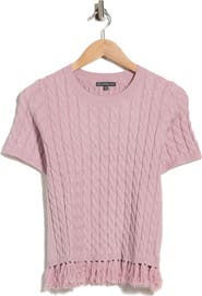 Adrianna Papell Cable Short Sleeve Fringe Hem Sweater