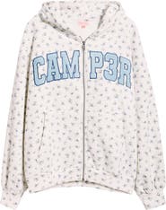HAPPY CAMP3R Floral Appliqué Graphic Zip-Up Hoodie