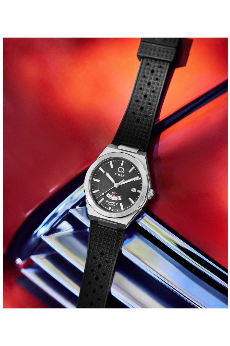 Q Timex Continental GMT 39mm Synthetic Rubber Watch, Alternate, color, STAINLESS STEEL