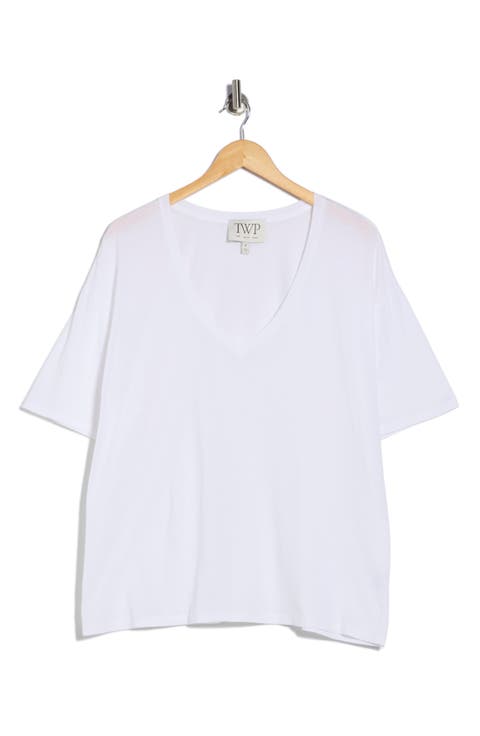 Deep V-Neck Cotton Blend T-Shirt