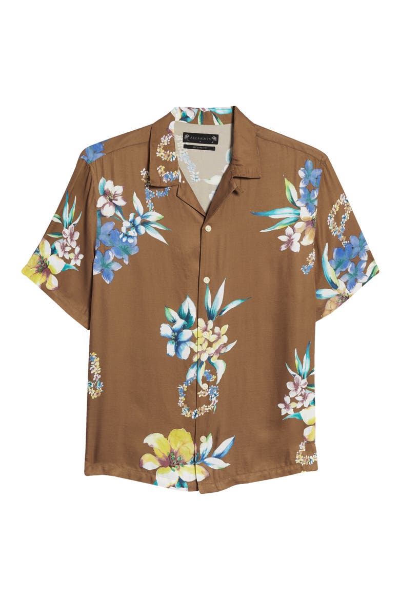 Hana Floral Short Sleeve Button-Up Camp Shirt, Alternate, color, SANTO BROWN
