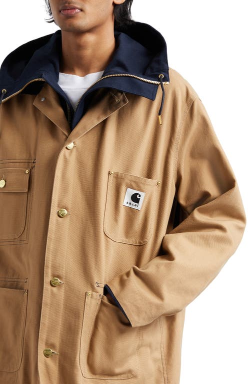 Sacai Carhartt Wip Reversible Cotton Canvas Coat In Beige/navy