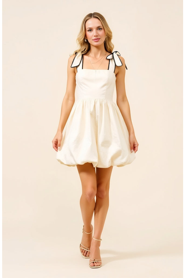 Bow Strap Bubble Hem Mini Dress with Square Neckline Detail, Alternate, color, Off-white / Cream
