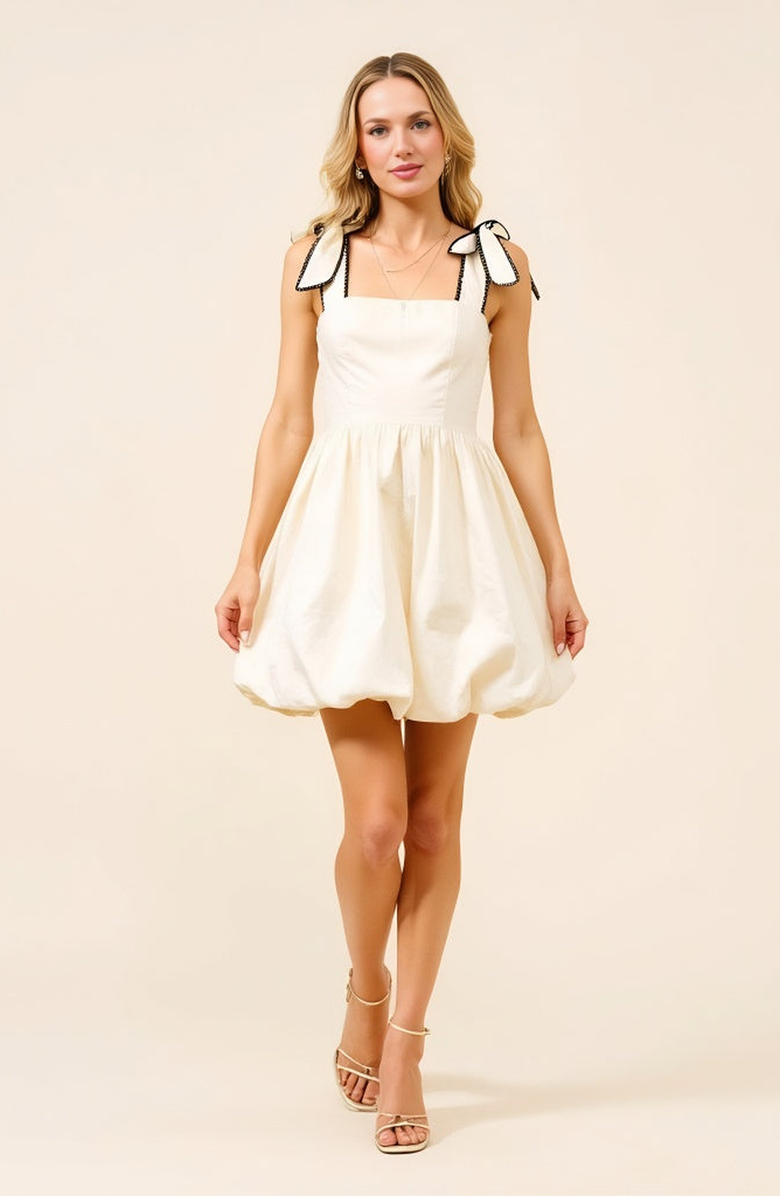 Modenaire Bow Strap Bubble Hem Mini Dress with Square Neckline Detail, Alternate, color, Off-White / Cream