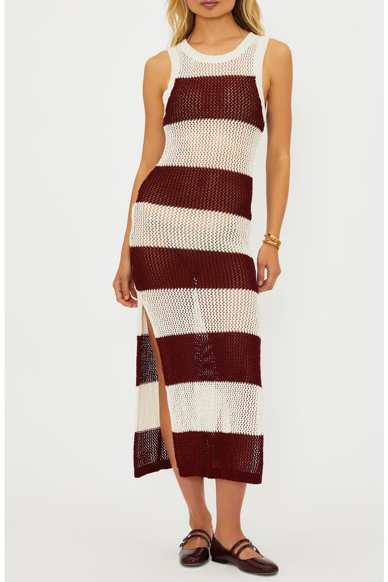 Holly Stripe Sheer Open Knit Cover-Up Dress, Main, color, MERLOT STRIPE