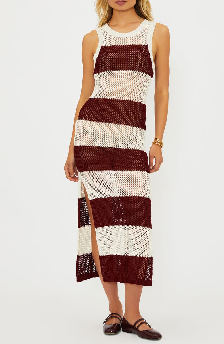 Beach Riot Holly Stripe Sheer Open Knit Cover-Up Dress, Main, color, Merlot Stripe
