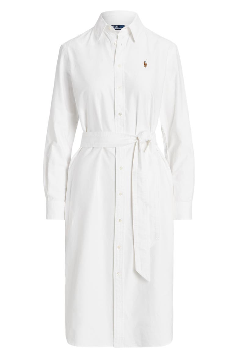 Belted Long Sleeve Cotton Oxford Shirtdress, Alternate, color, WHITE