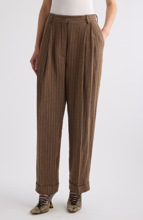 Dries Van Noten Pleated Striped Linen-blend Straight-leg Pants In Camel