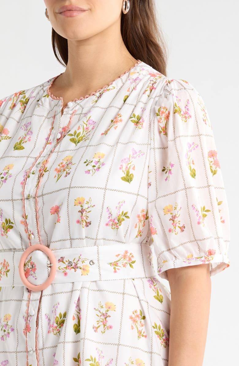 SUGARLIPS Diane Floral Redna Belted Cotton Button-Up Minidress, Alternate, color, Coral-Multi