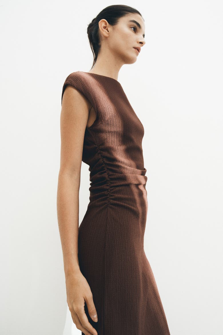 Cap-sleeved Crinkled Dress, Alternate, color, Rust brown