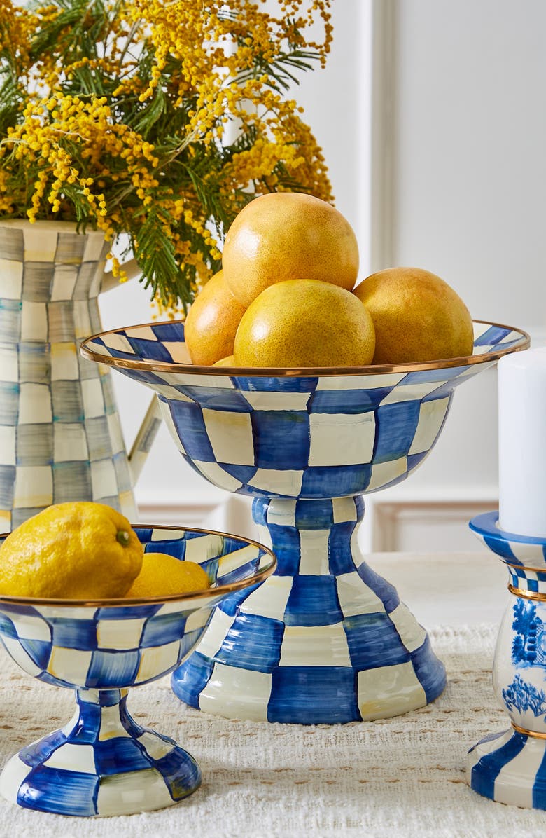 MACKENZIE CHILDS Royal Check Enameled Steel Large Compote, Alternate, color, Blue/ White