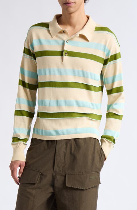 Textured Stripe Long Sleeve Rugby Polo
