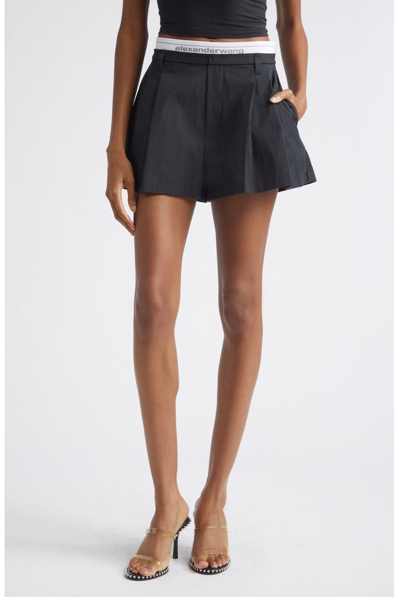 Pleated High Waist Shorts, Main, color, BLACK