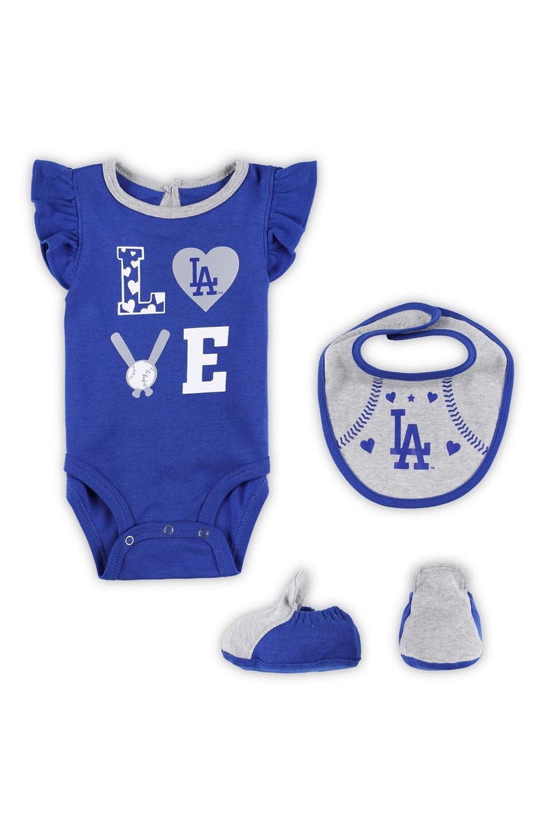 Outerstuff Newborn & Infant Royal/Heather Gray Los Angeles Dodgers Three-Piece Love of Baseball Bib Bodysuit & Booties Set, Main, color, 