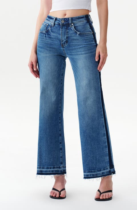 Two-Tone Splice Mid Rise Wide Leg Jeans