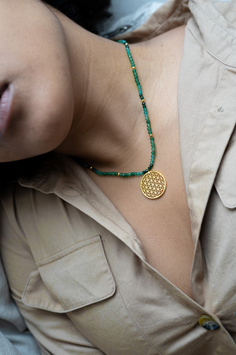 Flower of Life Necklace for Joy & Prosperity with Green Aventurine, Spinel & Chrysoprase in 18K Gold, Alternate, color, Gold