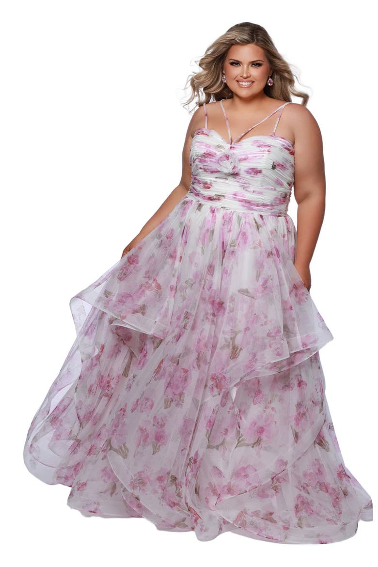 Pleated Tiered Floral A-Line Plus Size Gown, Main, color, Pink Floral