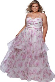 Sydney's Closet Pleated Tiered Floral A-Line Plus Size Gown