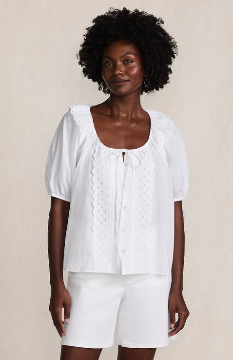 Voile Puff Elbow Sleeve Embroidered Blouse