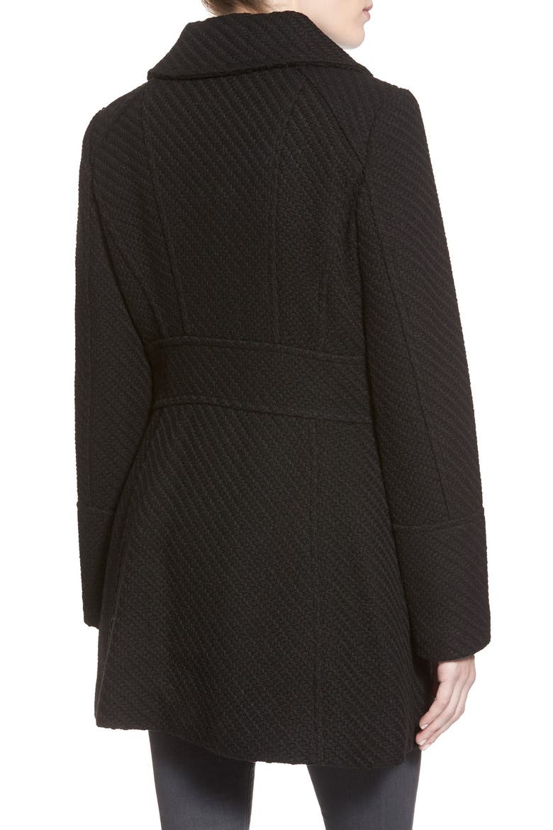 Basket Weave Fit & Flare Coat, Alternate, color, BLACK