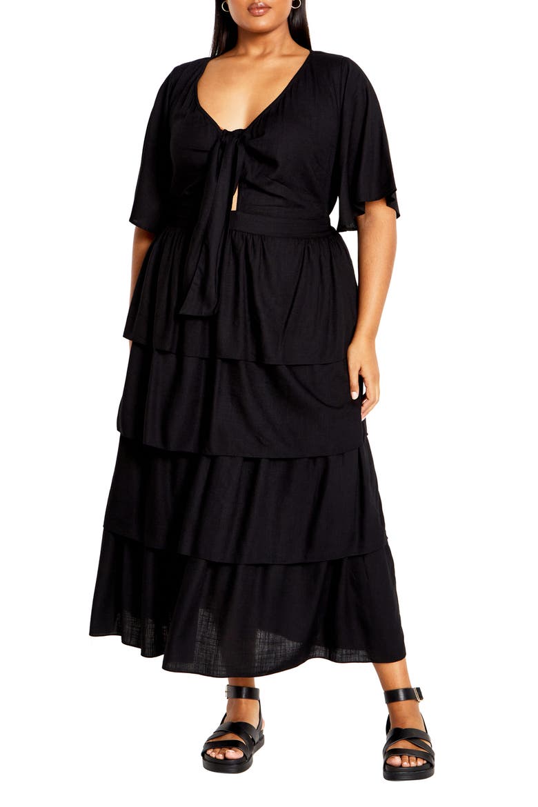Maya Tie Front Tiered Midi Dress, Main, color, BLACK
