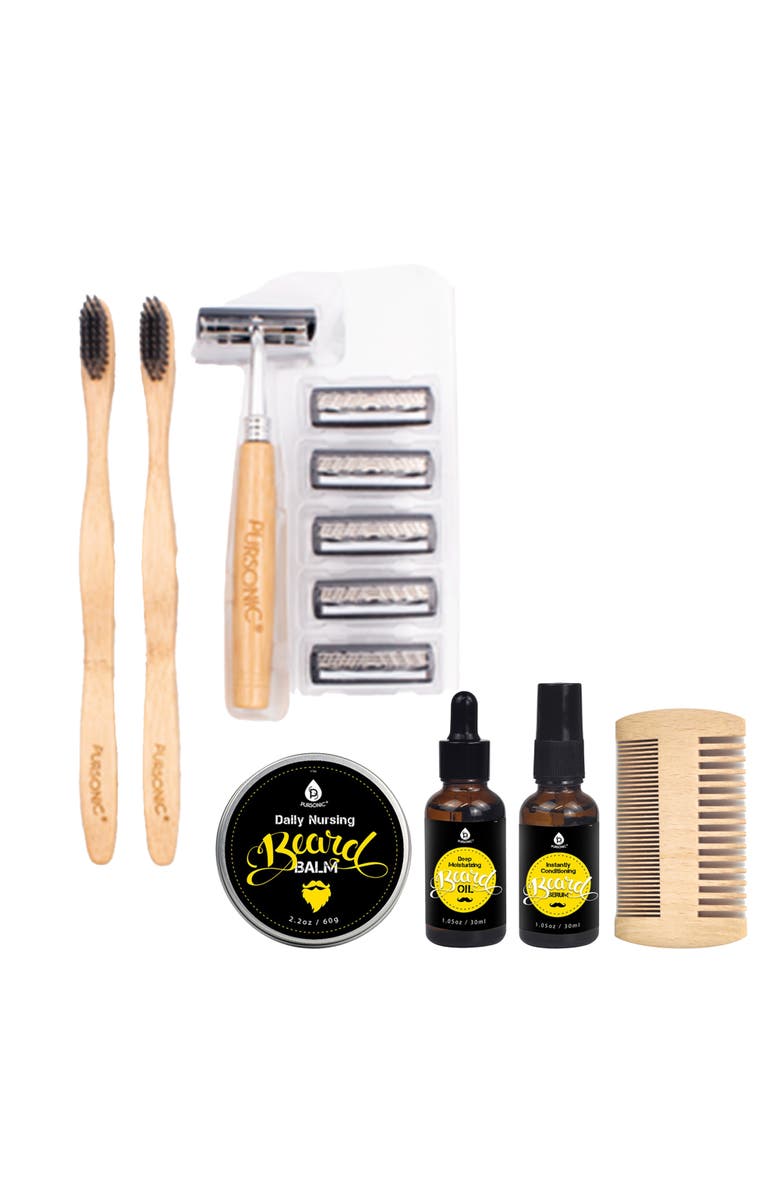 PURSONIC Beard Care Grooming Kit & Eco Friendly Razor + Toothbrushes Combo Pack, Main, color, Multicolor