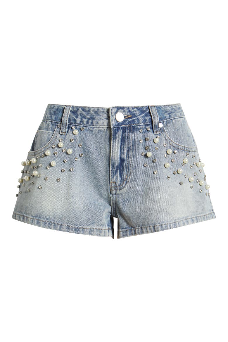 Ruby Imitation Pearl & Rhinestone Detail Denim Shorts, Alternate, color, LIGHT WASH