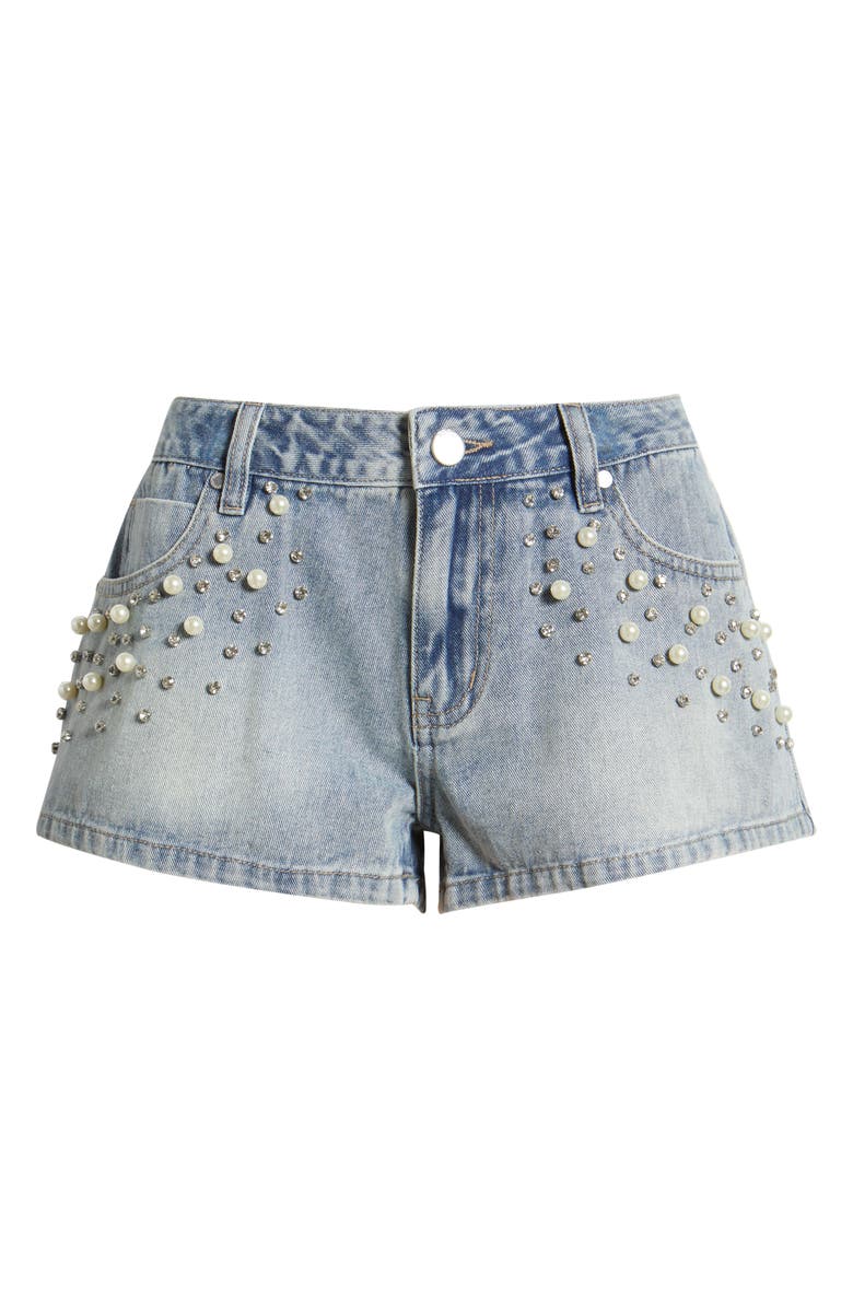 PTCL Ruby Imitation Pearl & Rhinestone Detail Denim Shorts, Alternate, color, Light Wash