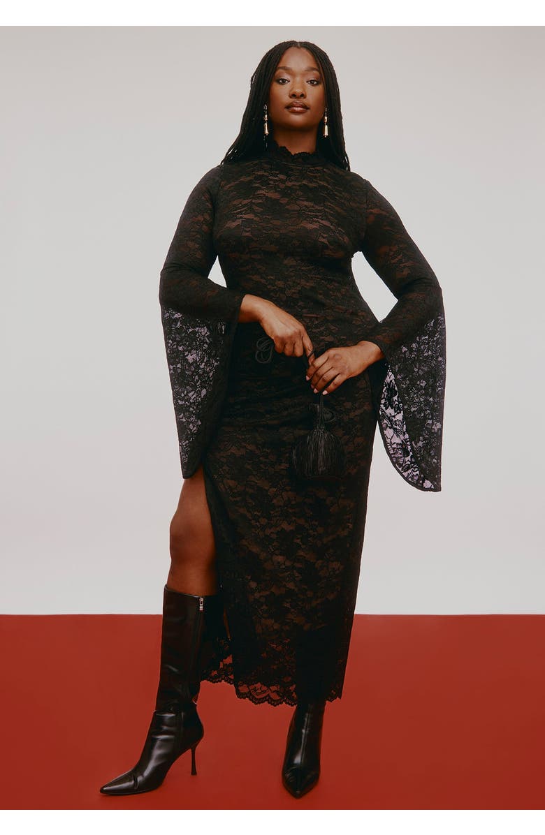 ELOQUII Lace Fitted Maxi Dress, Main, color, Black Onyx