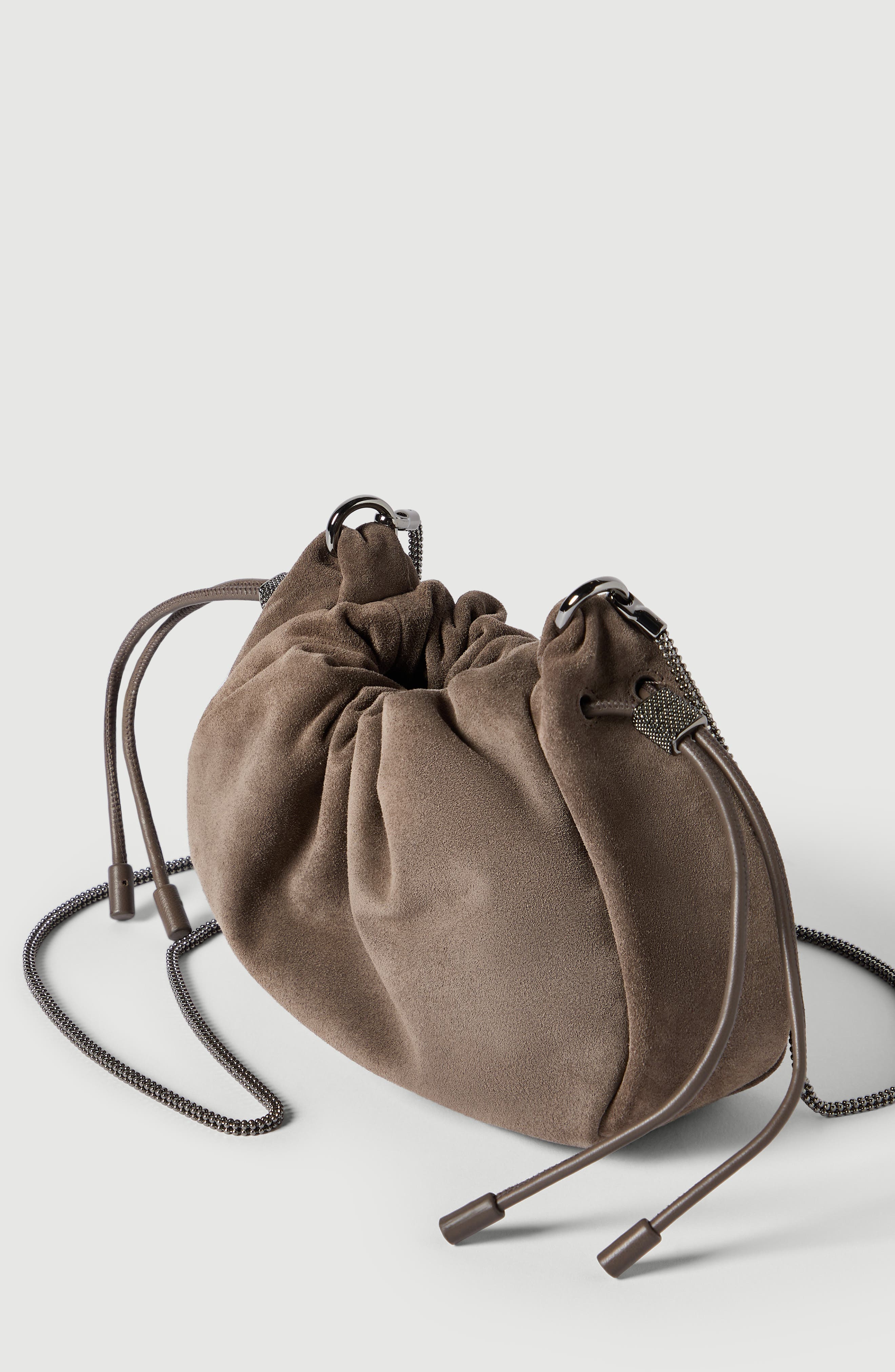 Brunello Cucinelli Suede mini Mellow Bucket bag, Alternate, color, Light Brown
