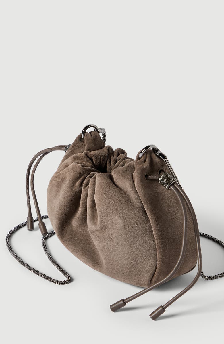 Brunello Cucinelli Suede mini Mellow Bucket bag, Alternate, color, Light Brown