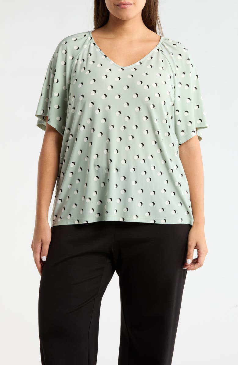 AK ANNE KLEIN Dot Print V-Neck Top, Main, color, Soft Aloe Multi