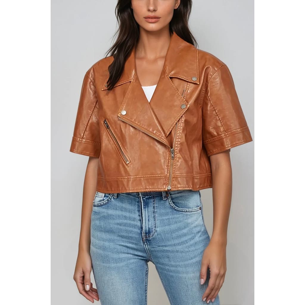 Sisterly Romy Crop Faux Leather Moto Jacket In Brown