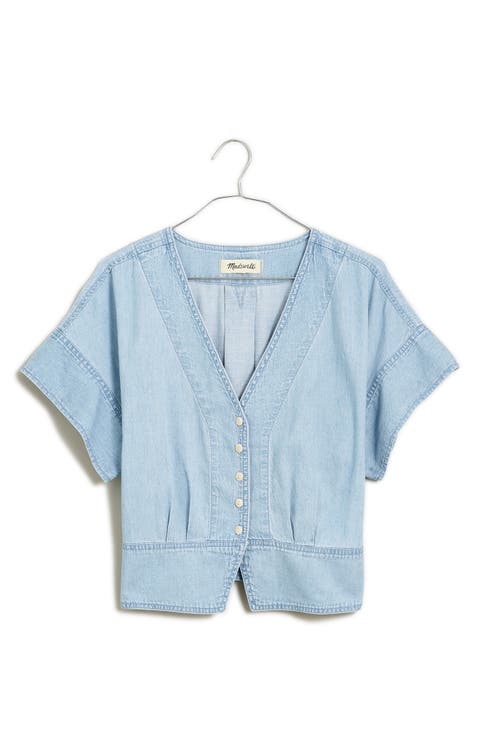 Pleated Short Sleeve Denim Top