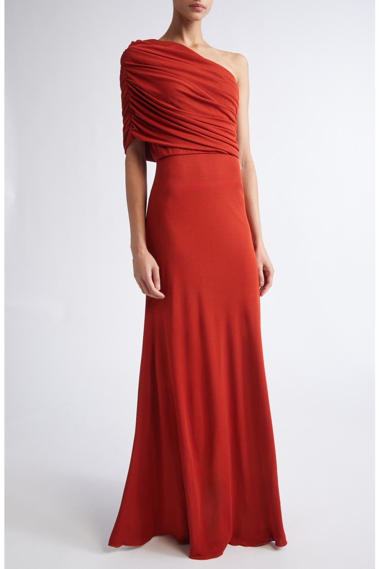 Ruched One-Shoulder Knit Gown, Main, color, BRICK