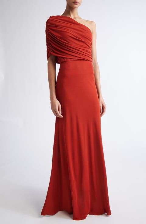 Ruched One-Shoulder Knit Gown