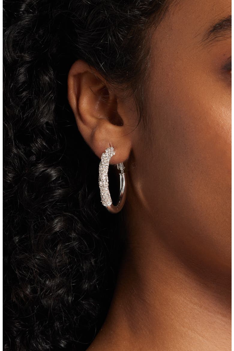 Polished Rhinestone Tube Hoop Earrings, Alternate, color, CLEAR- SILVER